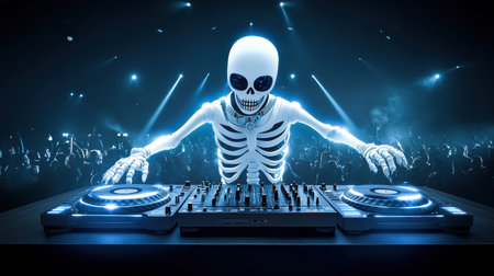 A vibrant scene featuring a digital skeleton DJ performing at a lively nightclub. The energetic atmosphere is enhanced by dazzling lights and an enthusiastic crowd.の素材