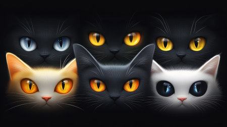 This stunning artwork features a variety of cat breeds, focusing on their expressive eyes and unique fur patterns against a dark background.の素材