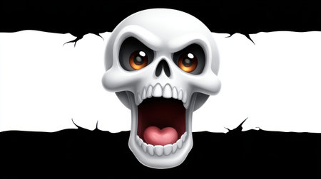 This vibrant cartoon skull features a wide-open mouth and expressive eyes on a stark black and white background, ideal for Halloween-themed designs and projects.の素材