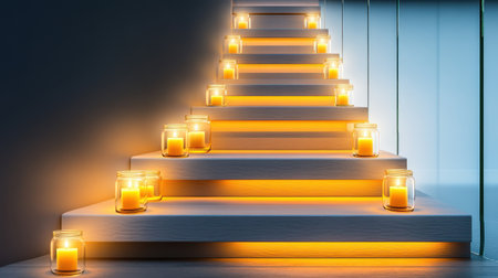 A beautifully designed staircase enhanced by glowing candles creates a tranquil and inviting atmosphere in a modern interior setting.の素材