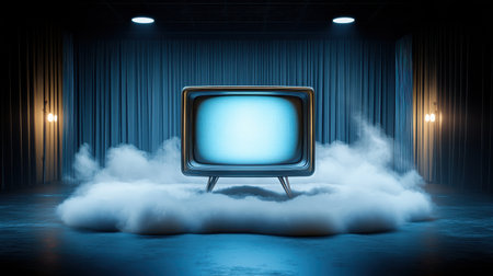 A vintage television set sits dramatically in a cloud of fog under moody studio lighting, creating a nostalgic and artistic atmosphere perfect for creative projects.の素材