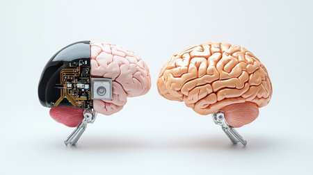 A side-by-side comparison of a human brain and a digital AI brain, showcasing advancements in artificial cognition.の素材