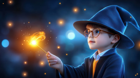 A delightful image of a child dressed as a wizard, holding a glowing wand in a mysterious forest setting, embodies the charm of childhood magic and imagination.の素材