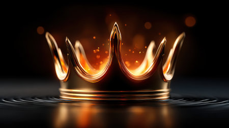 This striking image features a shimmering golden crown resting on reflective water, illuminated by glowing light against a dark backdrop, evoking luxury and elegance.の素材
