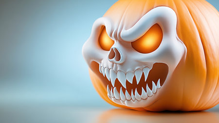 A striking Halloween pumpkin featuring a menacing skull face with glowing eyes. Perfect for autumn celebrations, spooky themes, and festive decorations.の素材