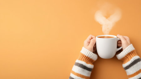 A pair of hands gently cradle a white mug filled with a hot beverage, with steam forming a heart shape, set against a vibrant orange background.の素材