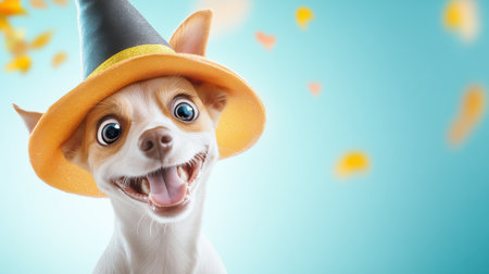 Adorable dog wearing a festive Halloween hat, smiling brightly against a vibrant blue background filled with colorful leaves. Perfect for seasonal celebrations.の素材