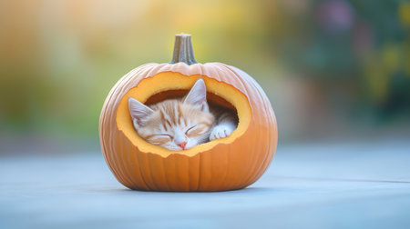 This charming image features a sleeping orange kitten nestled inside a hollow pumpkin, exuding warmth and coziness amidst a vibrant autumn backdrop.の素材