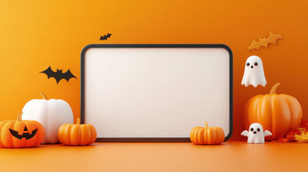A vibrant Halloween display featuring pumpkins, playful ghosts, and flying bats against a bright orange background. Perfect for festive decorations.の素材
