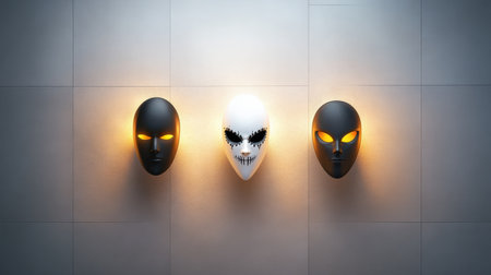 Three distinct artistic masks displayed on a modern wall create a striking visual experience with unique designs and dynamic lighting effects.の素材