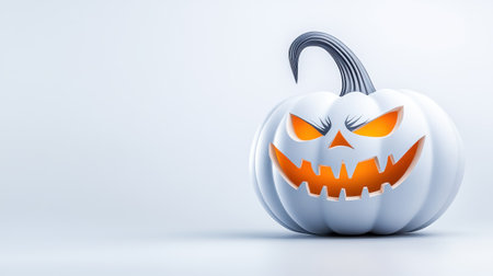 This creative image features a whimsical white pumpkin with a mischievous grin and glowing orange eyes, perfect for Halloween-themed designs and decorations.の素材