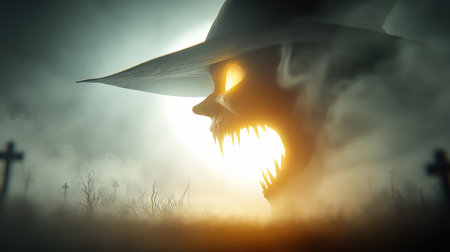 A chilling image featuring a scarecrow skull with glowing eyes looming in a misty graveyard at night, perfect for Halloween themes and horror stories.の素材
