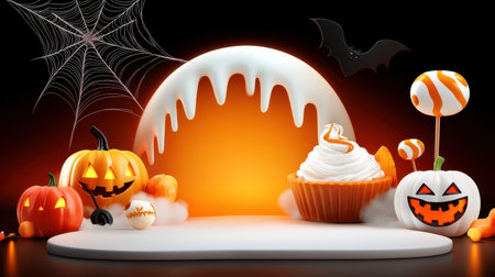 This colorful Halloween background features pumpkins, a bat, a delicious cupcake, and candy. Perfect for creative seasonal projects, decorations, and festive themes.の素材
