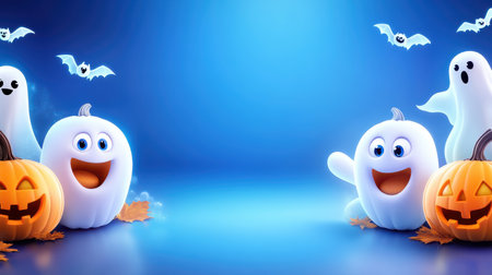 A vibrant Halloween scene featuring playful ghosts and cheerful pumpkins with bat graphics on a blue background, perfect for festive decorations and designs.の素材