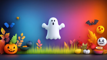 Discover a vibrant Halloween-themed image featuring a playful ghost, cheerful pumpkins, and colorful autumn leaves, all set against a dynamic gradient background.の素材