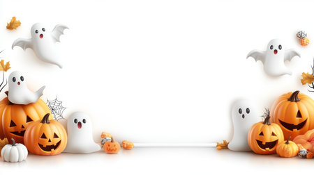 A bright and cheerful Halloween-themed background featuring playful ghosts, smiling pumpkins, and decorative spider webs, perfect for festive projects.の素材