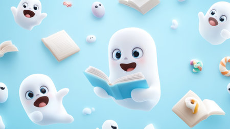 A delightful illustration featuring cute cartoon ghosts joyfully reading books and enjoying sweets against a vibrant blue background. Perfect for seasonal themes.の素材