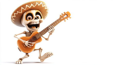 A cheerful skeleton character plays a guitar, wearing a traditional Mexican sombrero, celebrating music and cultural joy in a colorful, lively design.の素材
