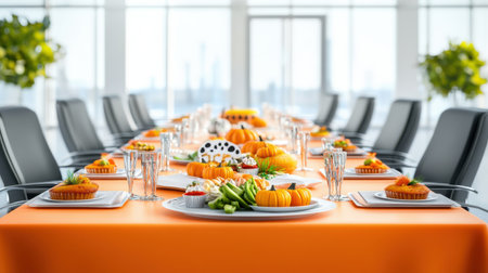 A vibrant autumn table setting showcases an array of pumpkins, fresh vegetables, and exquisite desserts, all elegantly arranged in a modern dining space.の素材