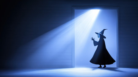 A mysterious figure wearing a cloak and hat stands at a dark doorway, illuminated by soft light. The scene evokes an eerie atmosphere, perfect for storytelling and fantasy-themed projects.の素材