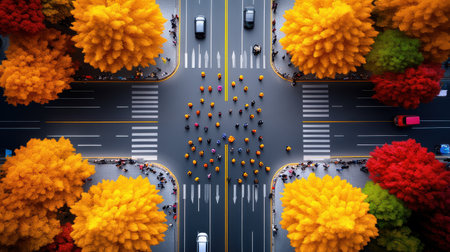 Aerial view of a busy city intersection adorned with vibrant autumn foliage. Colorful trees surround pedestrians crossing the street, capturing the essence of urban life.の素材