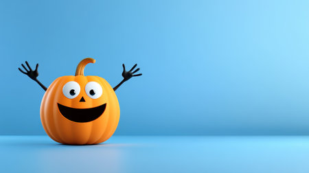 This vibrant image features a cheerful pumpkin character with big eyes and a wide smile, perfect for Halloween themes and festive decorations. The bright blue background adds an element of fun to the playful design.の素材