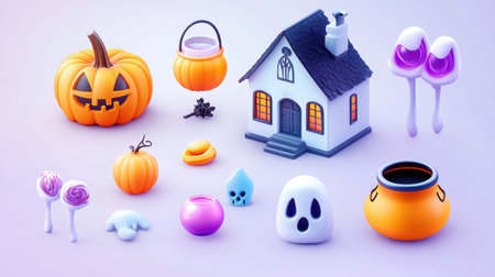 This charming Halloween illustration showcases a variety of festive items including pumpkins, ghosts, and a whimsical house, perfect for seasonal inspiration.の素材