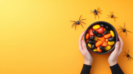 A vibrant top view of hands holding a bowl filled with colorful jelly candies on a bright orange background, decorated with playful fake spiders. Perfect for festive themes.の素材