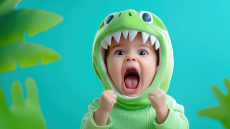 A charming baby wearing a vibrant green dinosaur costume expresses pure excitement against a bright background. The playful scene captures childhood joy and innocence, showcasing delightful emotions.の素材