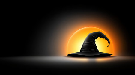 A striking silhouette of a witch hat set against an orange sunset creates an eerie yet festive atmosphere, perfect for Halloween themes and designs.の素材