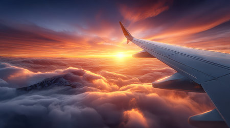Experience the vibrant beauty of a sunset viewed from an airplane wing, showcasing a mesmerizing play of colors across the clouds. Ideal for travel enthusiasts.の素材