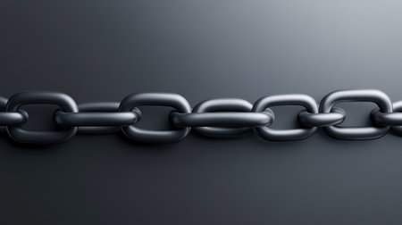 This high-quality image features a close-up view of metallic chain links on a dark background. Soft lighting enhances the texture and depth, creating a striking visual.の素材