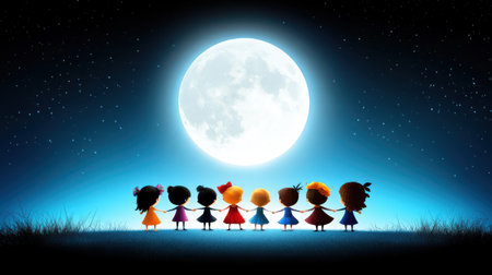 A charming scene featuring silhouettes of children holding hands under a bright full moon in a starry night sky, evoking feelings of friendship and magic.の素材