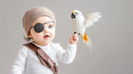 A cheerful baby dressed as a pirate with an eye patch joyfully interacts with a toy parrot, creating a whimsical and playful atmosphere.の素材