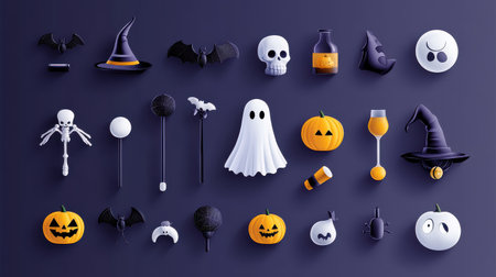 A vibrant collection of Halloween-themed decorations including ghosts, bats, pumpkins, and spooky icons suitable for festive designs and celebrations.の素材