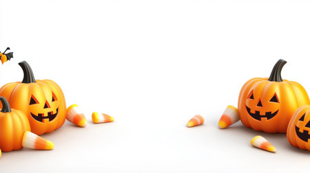 Bright and cheerful Halloween scene featuring playful jack-o'-lanterns and colorful candy corn against a clean white background, perfect for festive celebrations.の素材