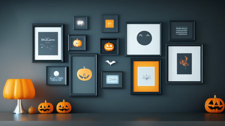 An enchanting display of Halloween-themed decor featuring framed art, cheerful pumpkins, and a stylish lamp, perfect for creating a festive atmosphere.の素材