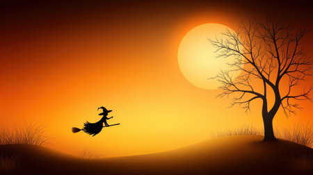 A captivating silhouette of a witch flying on a broomstick against a stunning sunset. The warm orange sky contrasts with the bare tree, creating a magical atmosphere.の素材