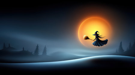 A captivating silhouette of a witch flying on a broomstick against a vibrant sunset, evoking a sense of magic and mystery in a stunning landscape.の素材
