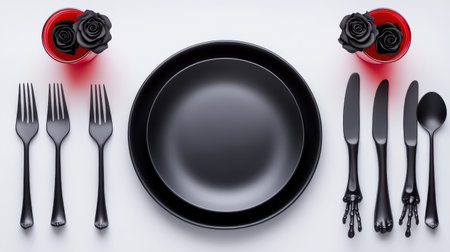 Discover an elegant black and red table setting featuring a black plate and cutlery alongside striking rose centerpieces. Ideal for formal dining, this arrangement captures a refined aesthetic perfect for intimate gatherings or special occasions.の素材