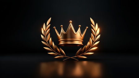 A stunning golden crown rests elegantly among olive branches, set against a dark background, representing achievement, honor, and prestige.の素材