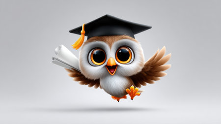A cheerful cartoon owl celebrating graduation with a cap and diploma. This adorable character symbolizes achievement and education, perfect for youth themes.の素材
