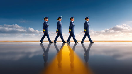 A team of uniformed pilots confidently strides along an airport runway, reflecting their professionalism and teamwork against a stunning blue sky.の素材