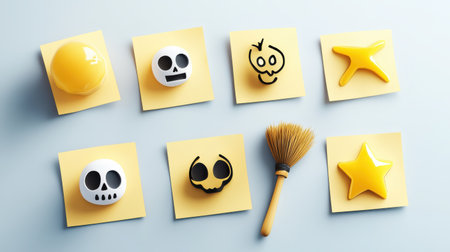 This vibrant flat lay features colorful icons and shapes on sticky notes, accompanied by a cleaning brush, creating a playful and creative workspace atmosphere.の素材