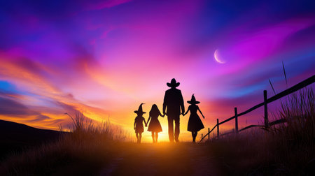 A heartwarming scene of a family silhouetted against a stunning sunset with vibrant colors and a glowing crescent moon. Embrace nature's beauty.の素材