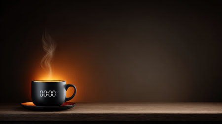 A black coffee cup sitting on a wooden table exudes warmth with steam rising gently. A timer display adds a modern touch against a dark, soothing background.の素材