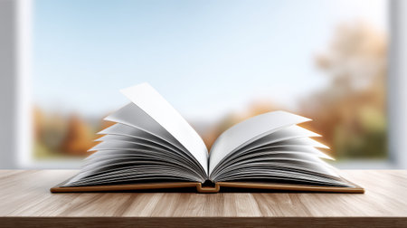 A captivating open book rests on a wooden table, showcasing its blank pages against a softly blurred autumn background, inviting creativity and reflection.の素材