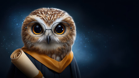 A charming owl dressed in graduation robes holds a scroll, showcasing a blend of wisdom and celebration in a whimsical, enchanting setting.の素材