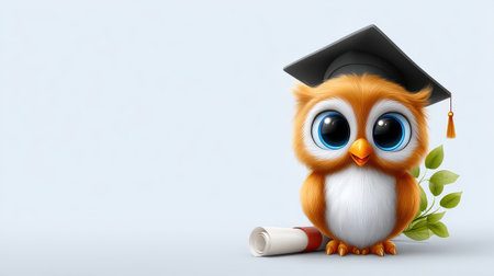 This charming cartoon owl wearing a graduation cap symbolizes achievement and education. The owl holds a rolled diploma and a leafy branch, exuding joy and cuteness. Perfect for educational themes and celebrations.の素材