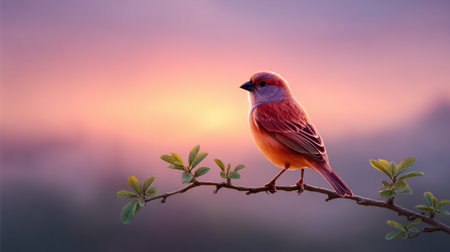 A stunning image of a colorful bird perched gracefully on a branch against a pastel sunset background, evoking tranquility and natural beauty.の素材
